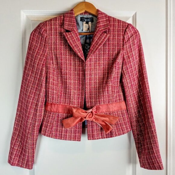 MissMe Pink Tweed Metallic Velvet Waist Tie Jacket NWT - Picture 1 of 6